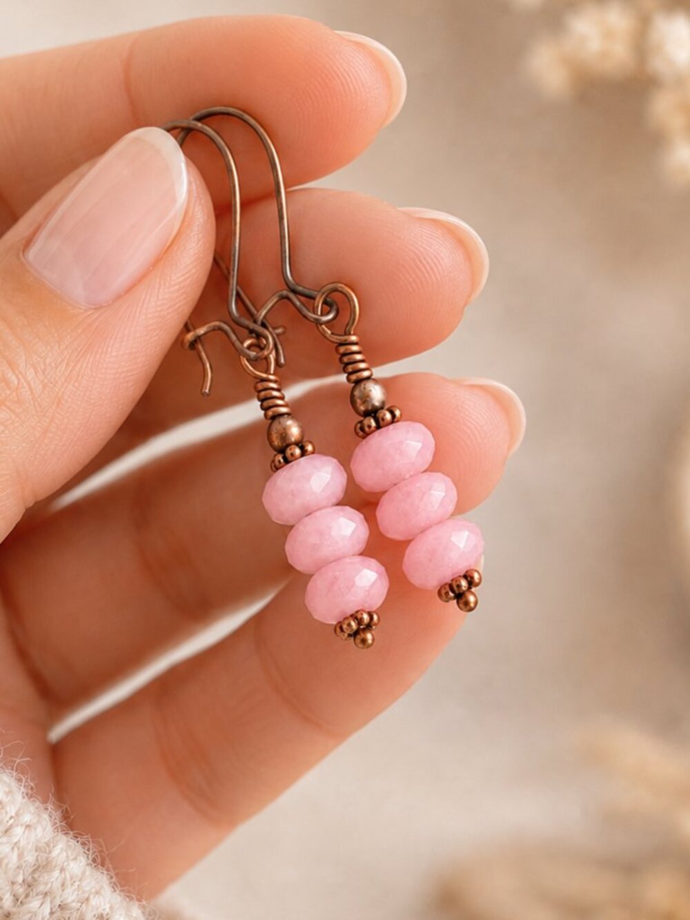 Rose Quartz Earrings Copper Dangles Pink Gemstone Boho Artisan Handmade - Picture 3 of 11